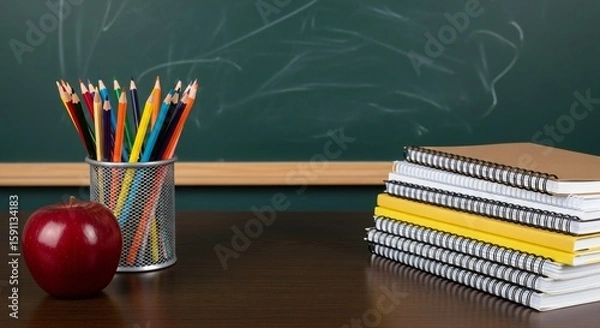 Fototapeta A red apple, colorful pencils in a metal holder, and a stack of notebooks sit on a wooden desk against a blurred green chalkboard background.