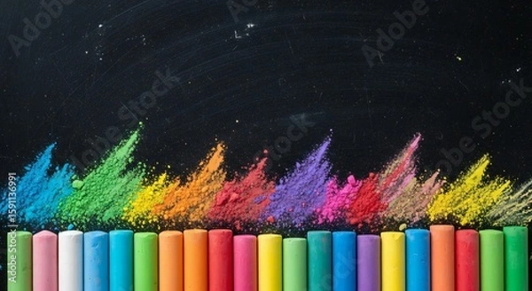 Fototapeta Colorful chalk sticks arranged in a row on a black surface, with vibrant chalk dust scattered above them.