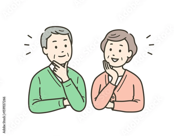 Obraz 高齢男女の夫婦が笑顔で納得している上半身イラスト
