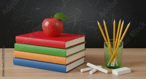 Fototapeta A stack of colorful books with a red apple on top, pencils in a glass, and chalk pieces on a wooden desk against a dark background.