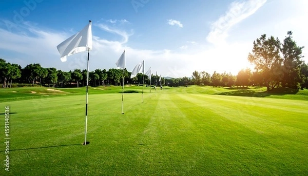 Fototapeta Wide shot of a golf course fairway under a clear sky