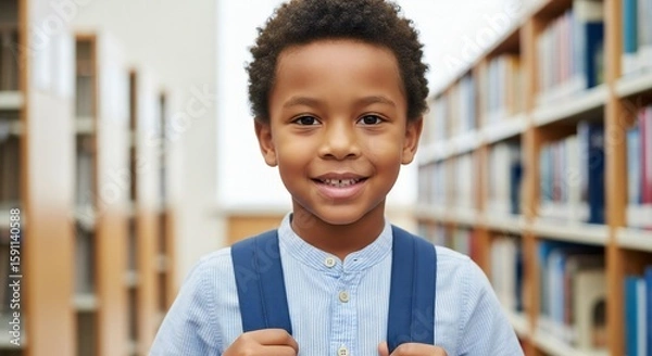 Fototapeta A young African-American boy with a backpack smiles in a library, surrounded by bookshelves filled with books.