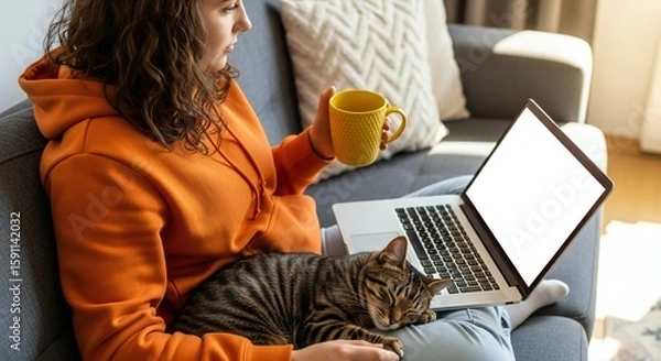 Fototapeta A young woman in an orange hoodie sits on a grey sofa, holding a yellow mug and using a laptop with a blank screen, while a tabby cat rests on her lap.