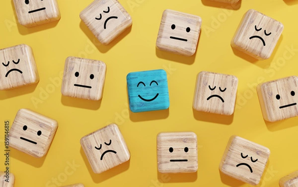 Fototapeta Blue wooden block with a smiling face stands out among sad and neutral face blocks on yellow background. Concept of positivity, mental health, uniqueness, or workplace morale.
