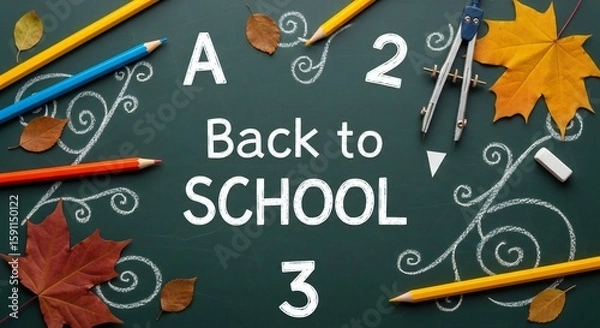 Fototapeta "Back to School" message on a chalkboard surrounded by pencils, leaves, eraser and a compass.