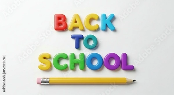 Fototapeta Colorful "Back to School" text with a yellow pencil lying beneath, all against a plain white background.