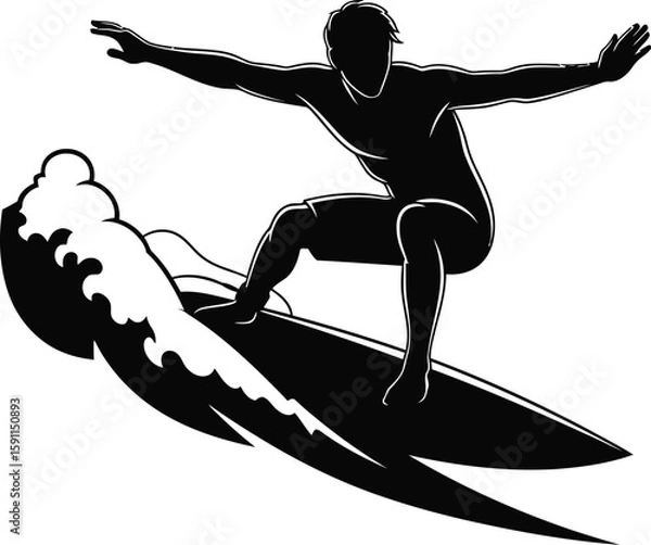 Fototapeta Vector art of a silhouette of a surfer riding a wave