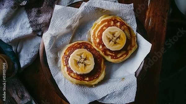 Obraz Three banana pancakes resting on a plate of paper towels