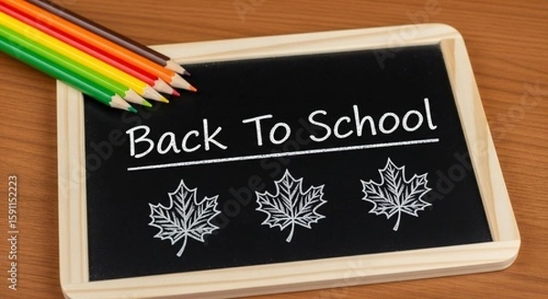Fototapeta A chalkboard displays "Back to School" above three maple leaf drawings, with colored pencils resting on top.