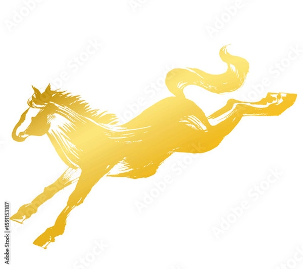 Fototapeta 午年、年賀素材、墨・筆タッチ_着地する馬のシルエットベクターイラスト_ゴールド