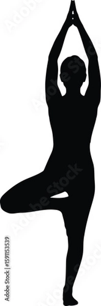 Fototapeta Vector art of a silhouette of a woman in a tree yoga pose, balancing for meditation and wellness