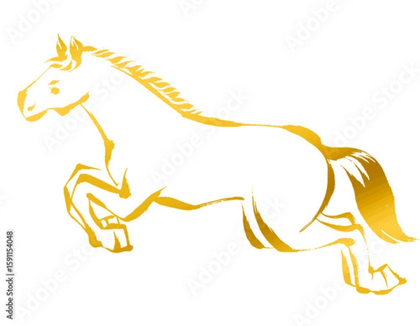 Obraz 午年、年賀素材、墨・筆タッチ_跳ぶ馬のベクターイラスト_ゴールド