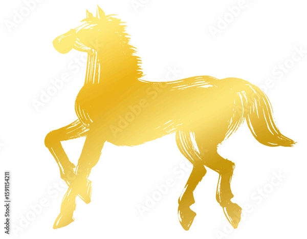 Obraz 午年、年賀素材、墨・筆タッチ_走る馬のシルエットベクターイラスト_ゴールド