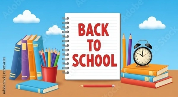 Fototapeta "Back to School" illustration featuring books, pencils, notebook, alarm clock, and clouds against a blue sky background.