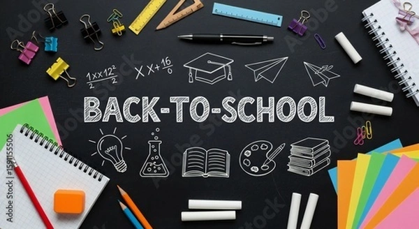 Fototapeta "Back-to-School" message on a chalkboard surrounded by school supplies like notebooks, pens, paperclips, chalk, and colorful paper.