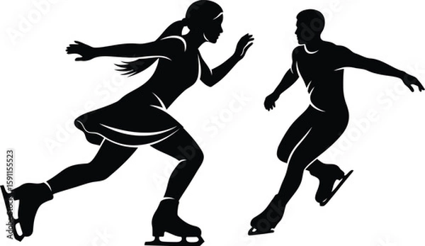Fototapeta Vector art of a silhouette of a couple ice skating together the ice