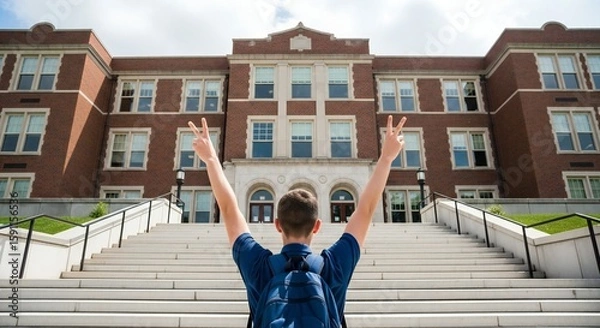 Fototapeta A student with a backpack celebrates with a peace sign in front of a brick school building, standing on the steps.