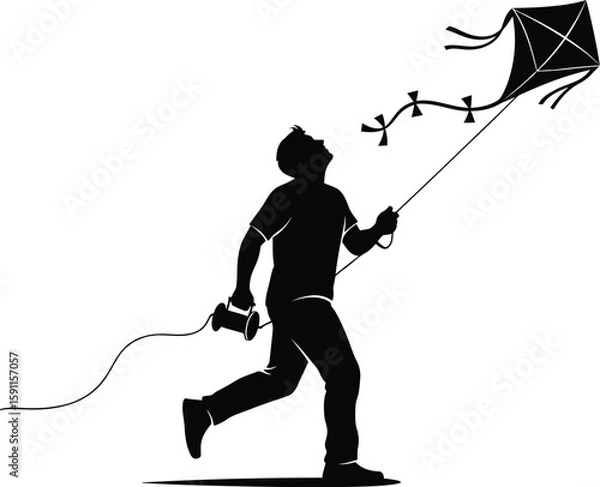 Fototapeta Vector art of a silhouette of a man is running and flying a kite in the sky