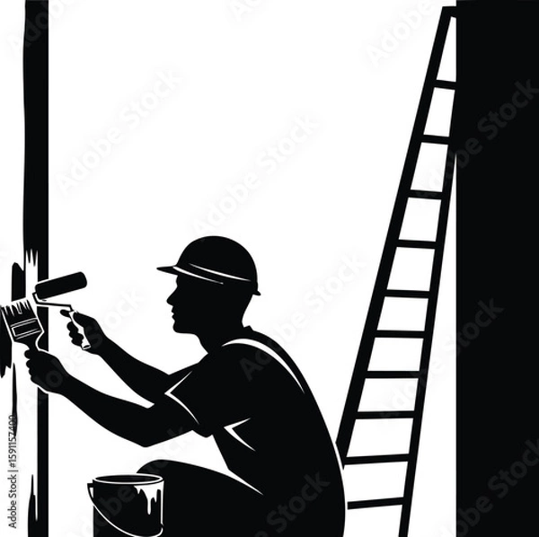 Fototapeta Vector art of a painter is using a paint roller to paint a wall while standing next to a ladder