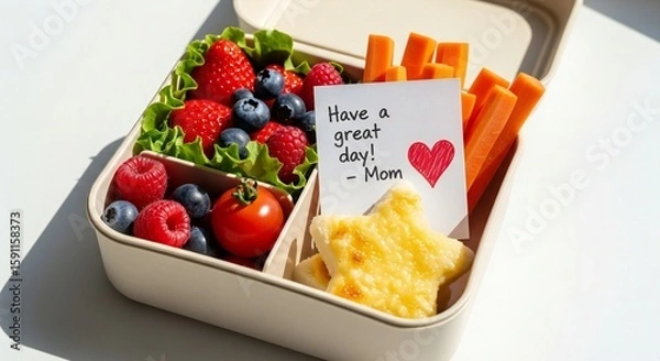 Fototapeta An open lunchbox filled with healthy snacks like berries, carrots, cheese star, tomato, and a note from Mom.