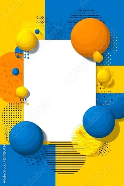 Fototapeta Colorful blue and yellow abstract background with geometric shapes, bright cheerful palette, white space center, playful fun vector design.