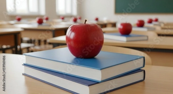 Fototapeta A red apple rests atop a stack of blue books on a wooden desk in a bright classroom setting.