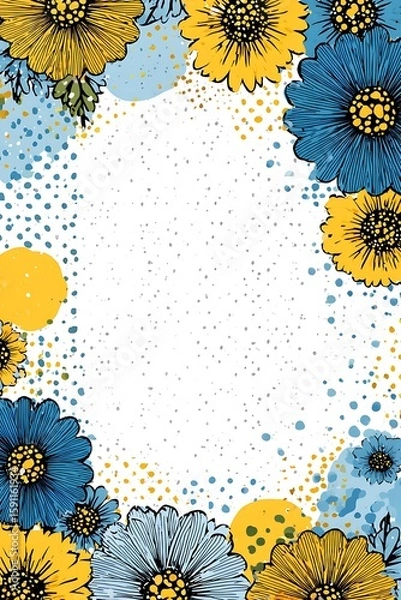 Fototapeta Colorful blue and yellow abstract background with geometric shapes, bright cheerful palette, white space center, playful fun vector design.