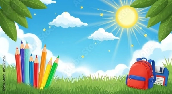 Fototapeta Colorful pencils stand on green grass under a bright sun, with a red backpack and floppy disk nearby, set against a blue sky with clouds.