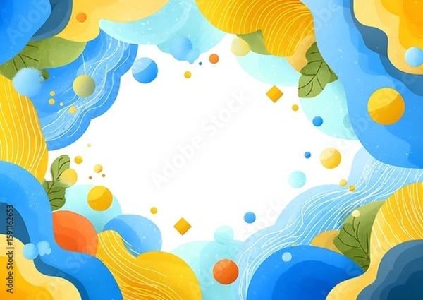 Fototapeta Colorful blue and yellow abstract background with geometric shapes, bright cheerful palette, white space center, playful fun vector design.