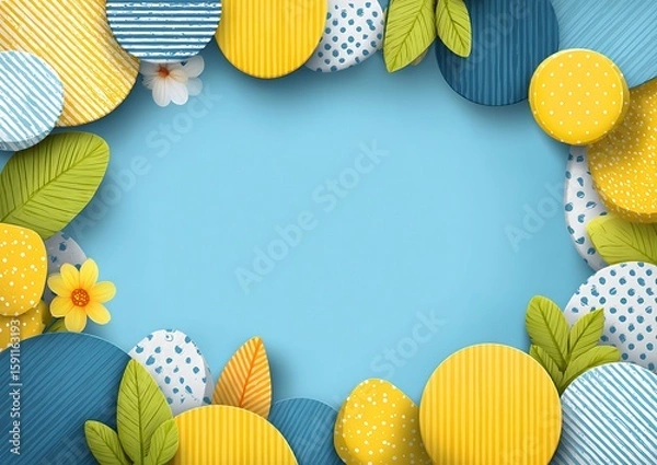 Fototapeta Blue and yellow abstract background with geometric shapes, rounded border, large white center space for colorful posters or fun decorations.