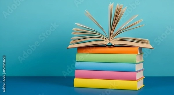 Fototapeta Stack of colorful books with an open book on top against a blue background, suggesting learning and knowledge.