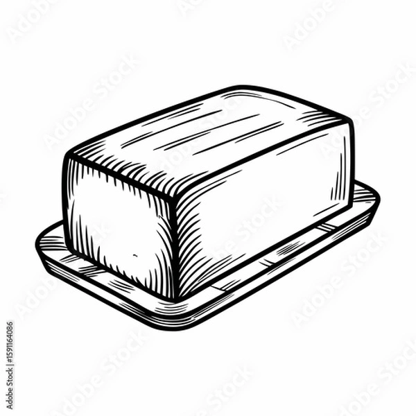 Fototapeta Monochrome hand-drawn vector of a slab of butter on a rectangular butter dish, symbolizing dairy products, breakfast ingredients, and cooking essentials in vintage style  
