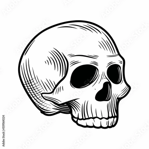Fototapeta Monochrome hand-drawn vector of a human skull in side view, symbolizing anatomy, death symbolism, and classic memento mori theme in traditional engraving style  
