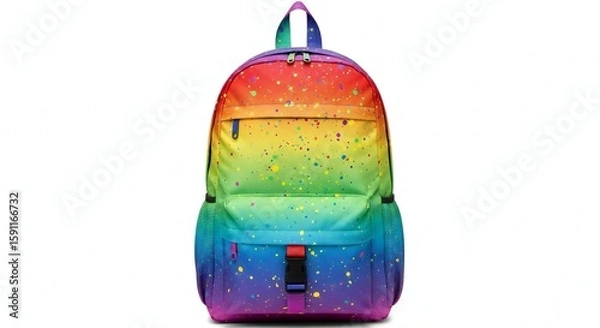 Fototapeta A colorful backpack with a rainbow gradient and star-like specks, hanging against a white background.