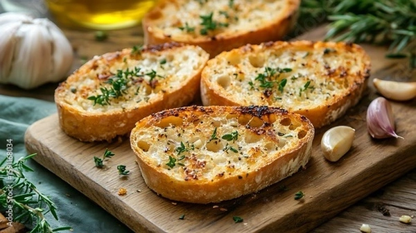 Obraz Three roasted slices of bread with garlic fresh bread
