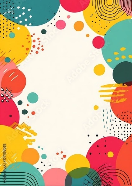 Fototapeta Blue and yellow abstract background with geometric shapes, rounded border, large white center space for colorful posters or fun decorations.