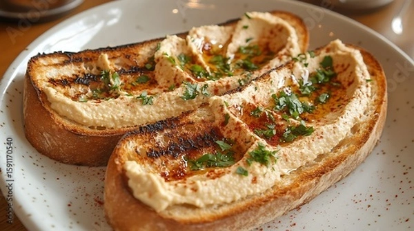 Obraz Three slices of toasted sourdough bread with hummus