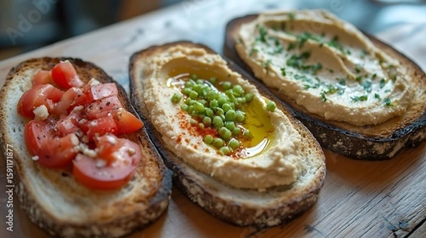 Obraz Three slices of toasted sourdough bread with hummus