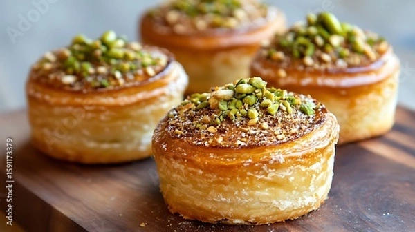 Obraz Three small pastries with green nuts on top