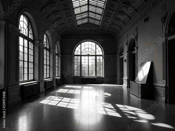 Fototapeta Grand Hall with Arched Windows and Sunlight Shadows