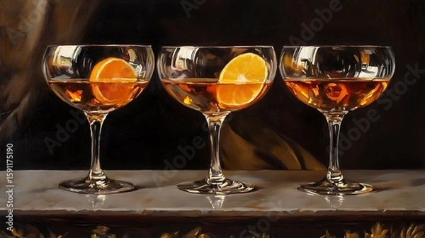 Obraz Three wineglasses with aperitif