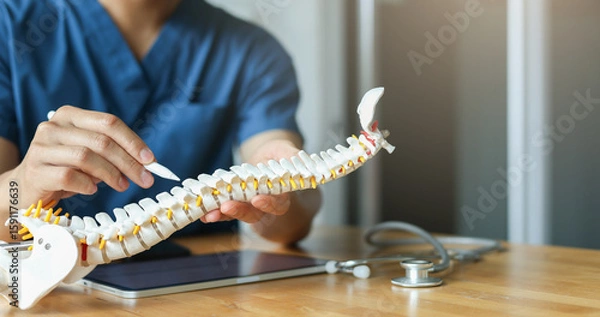 Fototapeta close up specialist chiropractor man touch on back on spine anatomy and diagnose about symptom and treatment step by hospital program for health care lifestyle people concept