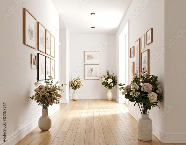 Fototapeta Bright hallway with framed artwork and elegant flower arrangements in vases.