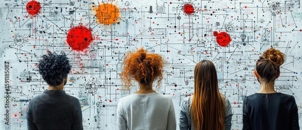 Obraz Four individuals stand before a complex diagram, possibly analyzing data or a scientific model.