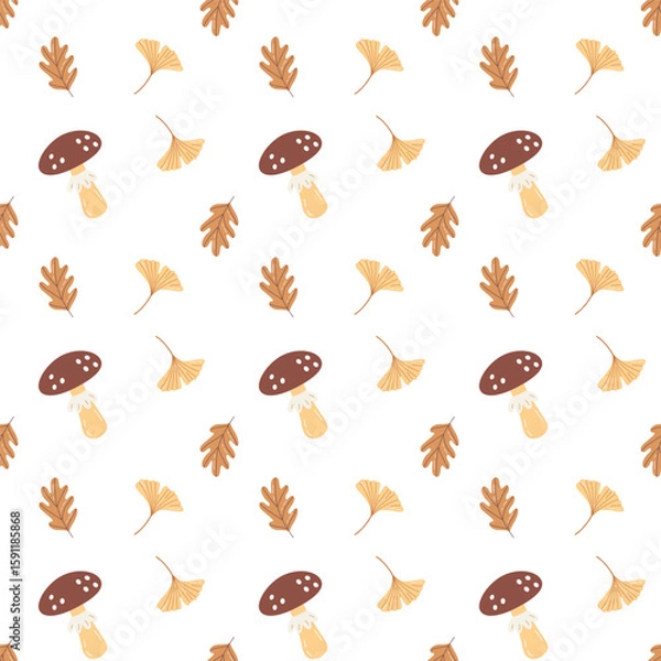Fototapeta Seamless Autumn Pattern with Cute Hand Drawn Mushrooms and Leaves Cozy Fall Forest Design