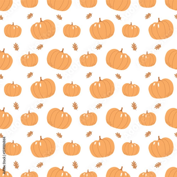 Fototapeta Seamless Pumpkin Pattern with Autumn Oak Leaves on White Background
