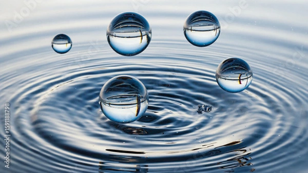 Obraz Hyperreal Glass Spheres Bouncing on Liquid Mirror with Abstract Ripples and Reflective Motion