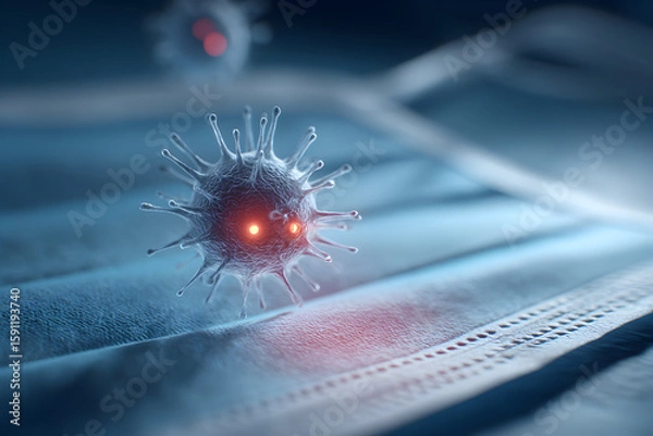 Fototapeta A conceptual digital illustration of a tiny, menacing virus character floating in the foreground
