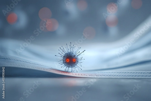 Fototapeta A conceptual digital illustration of a tiny, menacing virus character floating in the foreground