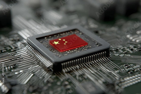 Fototapeta A digital concept art of a computer microchip with the Chinese flag